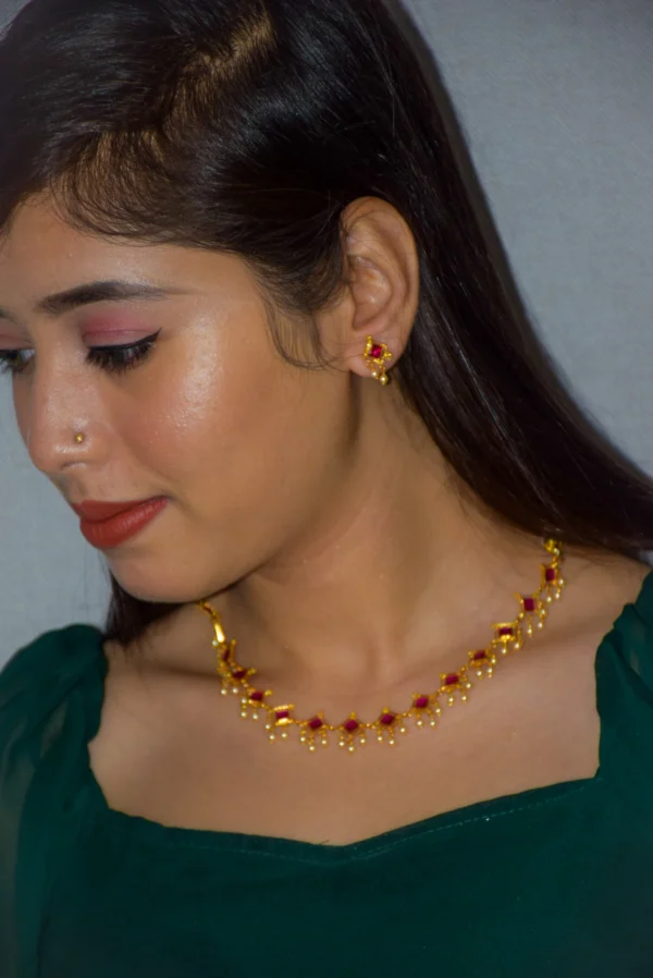 Red CZ-Swarovski Pearl Necklace and Earrings Set