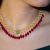 Red Chamtham Mani and Aventurine Oval Pota Necklace Set