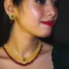 Red Chamtham Mani and Aventurine Oval Pota Necklace Set