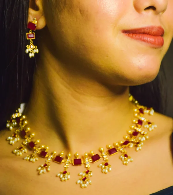 Red Opaque Swarovski with Rice Pearls Necklace and Earrings Set