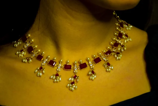 Red Opaque Swarovski with Rice Pearls Necklace and Earrings Set
