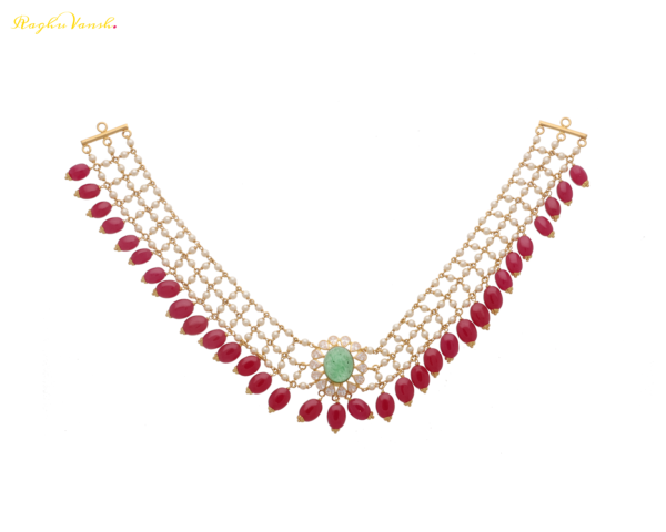 Red Chatham Mani and Aventurine Oval Pota Necklace Set BIS 916 Hallmarked